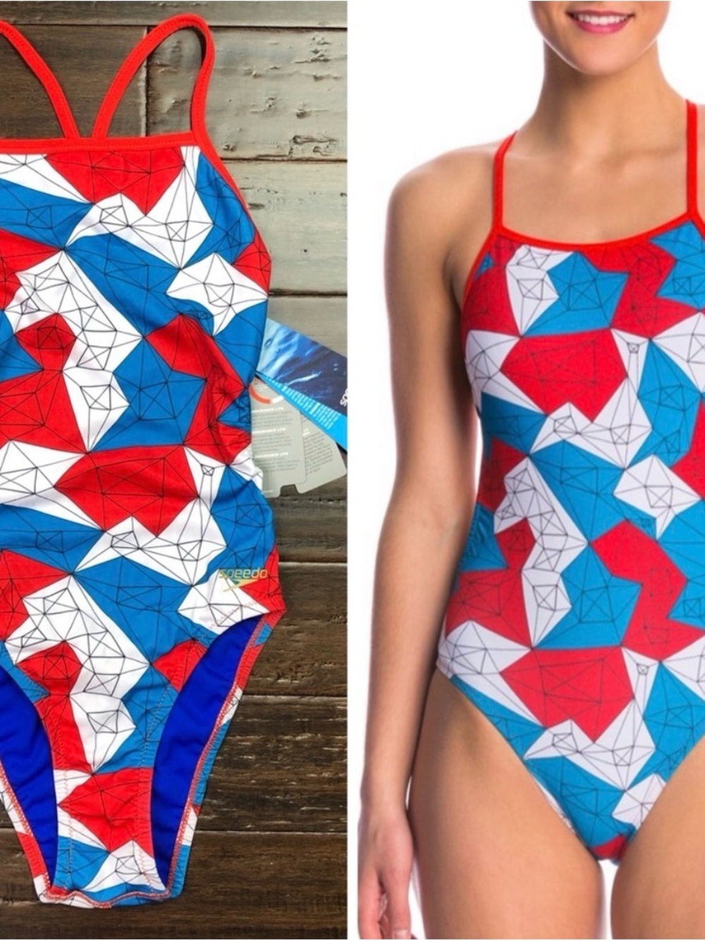 Speedo Red Blue White Geometric Athletic One-Piece Competition Suit